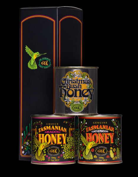 A triple pack of Tasmanian honey 350gms tins and box