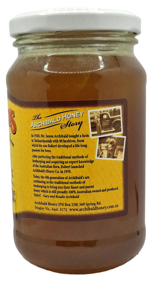 Reverse side of Jar of Archibald Yellow Box Honey 