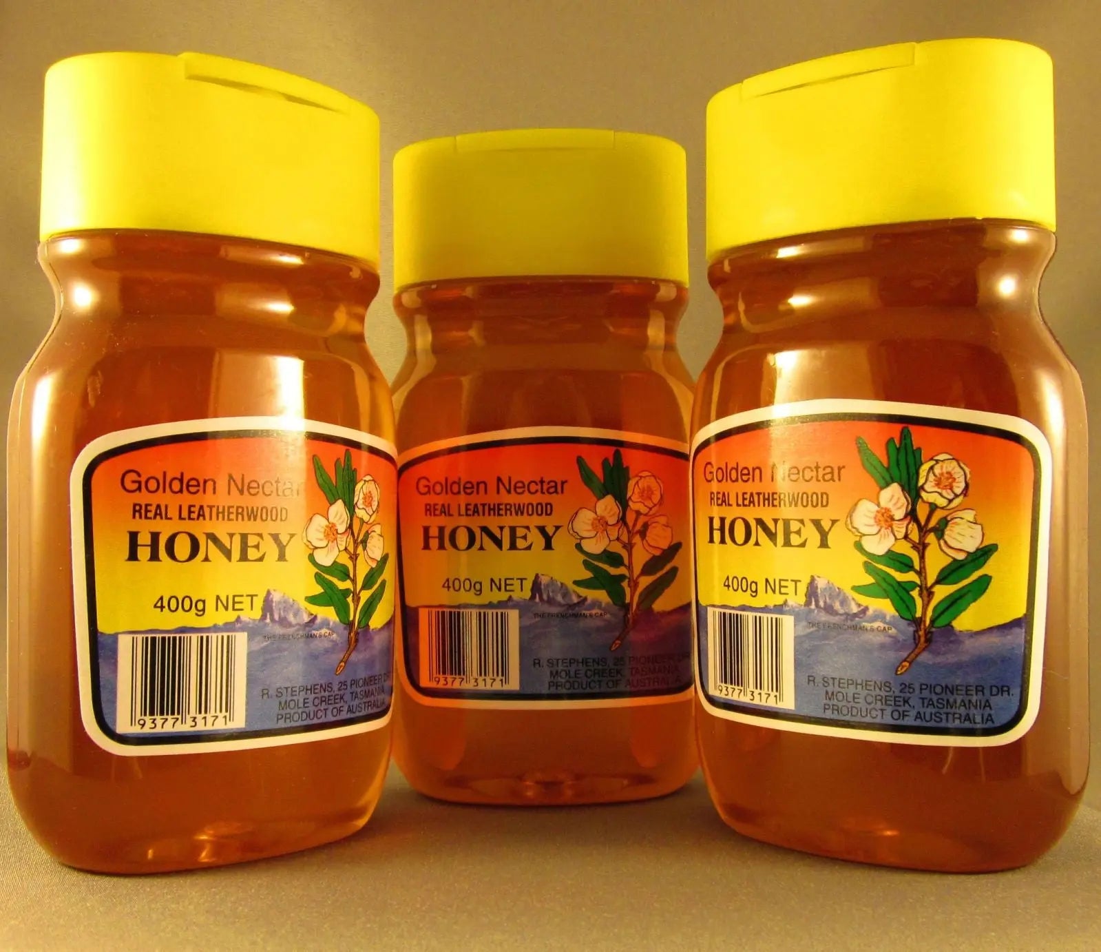 Leatherwood honey, organic, R Stephens, 400gms squeeze bottle