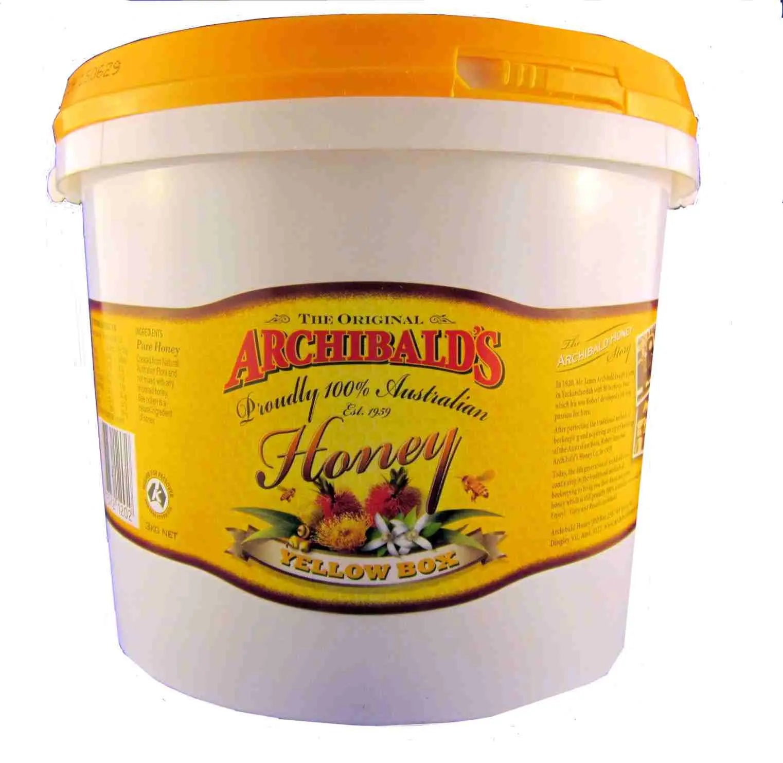 Archibalds yellow box 3kg honey tub