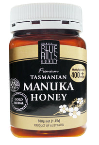 A 500gms jar of Blue Hills Tasmanian Manuka honey 400+