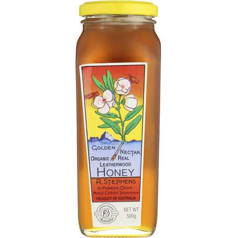 Leatherwood honey, organic, R Stephens, 500gms-bottle